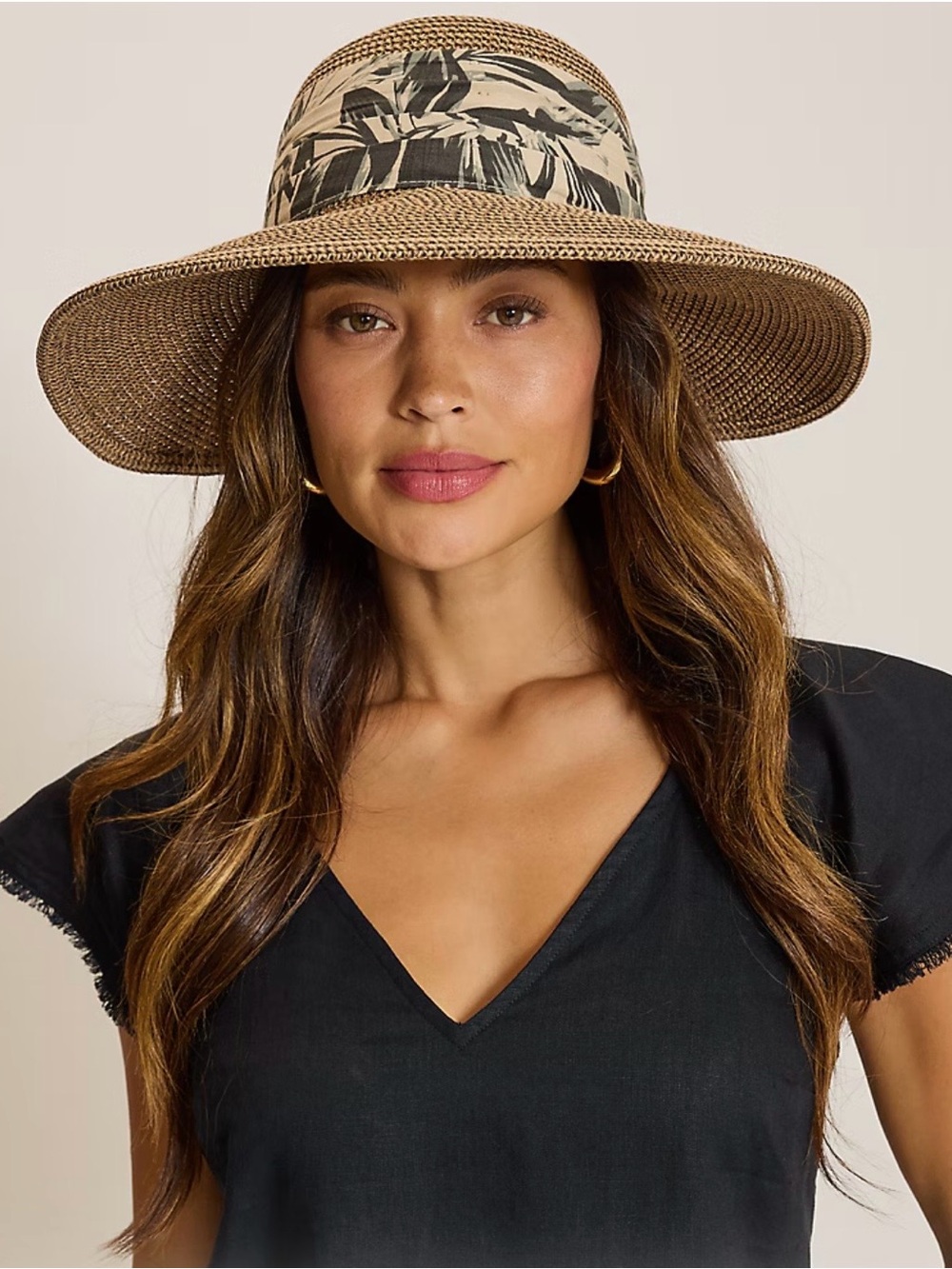 Tommy Bahama Brown Straw Sun Hat with Cream and Black Floral Band NWT